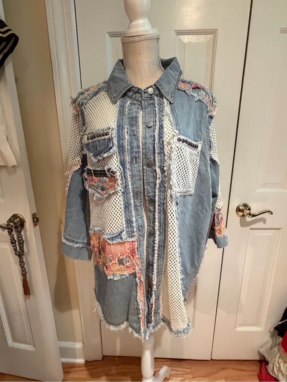 POL Light Blue Denim Jacket with White Mesh & Pink Patch Accents. Size L. NWT